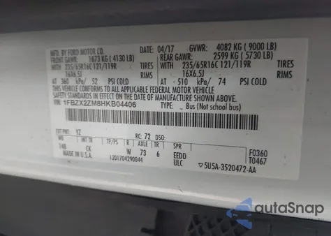 2017 Ford Transit-350 Xlt из США, поврежденный, VIN 1FBZX2ZM8HKB04406